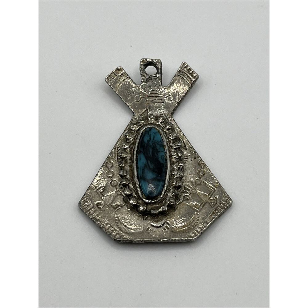 Vintage Daco Thunderbird Pendant Blue Cabochon Southwestern Western Silver Tone